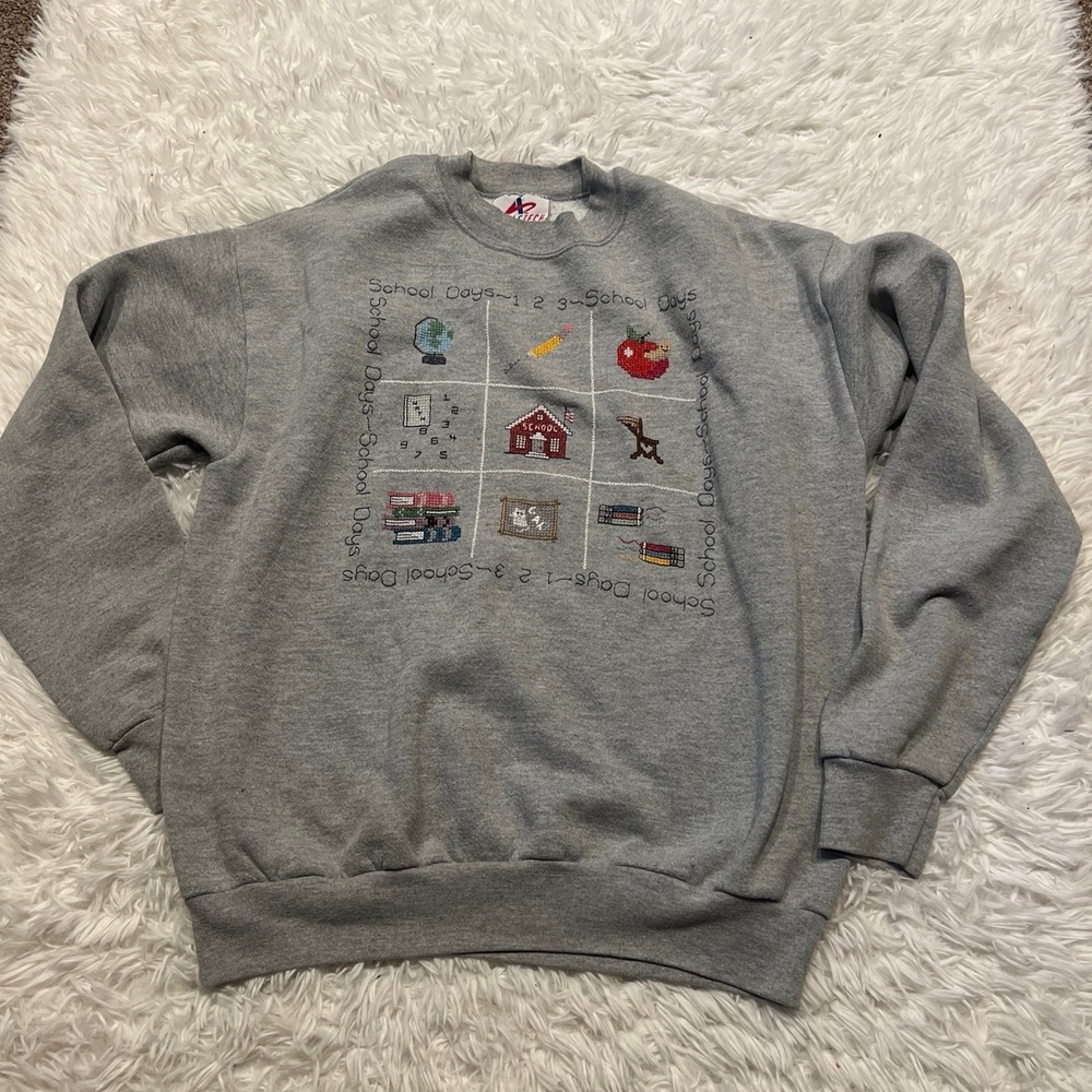 Vintage School Days Cross Stitch Sweatshirt Gray Teacher Back To School USA Made